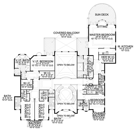 Mediterranean House Plan 55856 with 7 Beds, 9 Baths, 3 Car Garage Second Level Plan