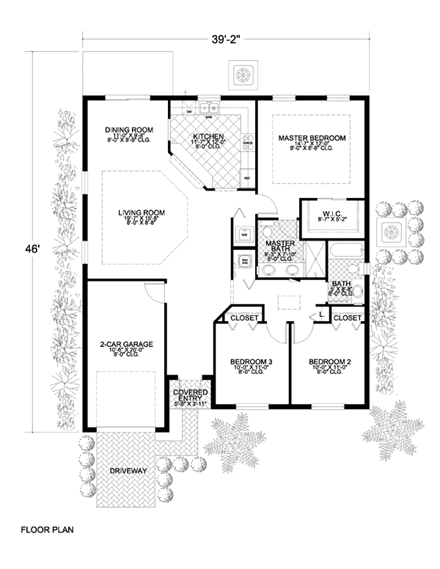 Narrow Lot, One-Story House Plan 55857 with 3 Beds, 2 Baths, 1 Car Garage First Level Plan