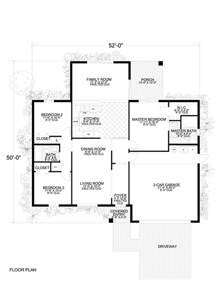 Mediterranean, One-Story House Plan 55858 with 3 Beds, 2 Baths, 2 Car Garage First Level Plan