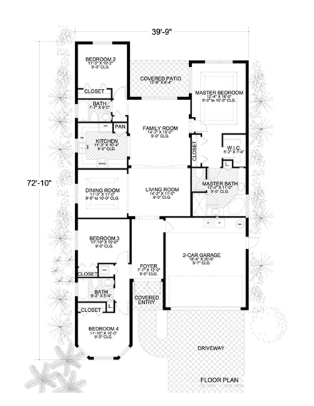 Florida, Narrow Lot, One-Story House Plan 55865 with 4 Beds, 3 Baths, 2 Car Garage First Level Plan
