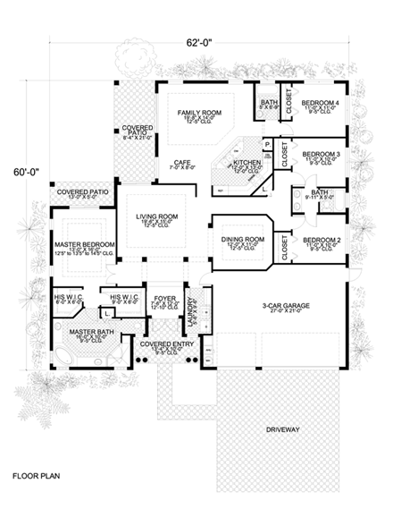 One-Story House Plan 55876 with 4 Beds, 3 Baths, 3 Car Garage First Level Plan
