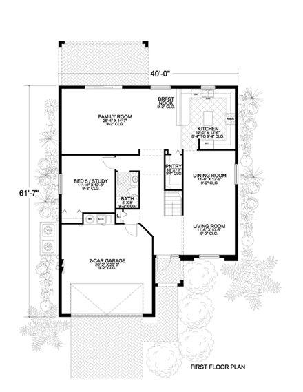 Narrow Lot House Plan 55882 with 5 Beds, 4 Baths, 2 Car Garage First Level Plan