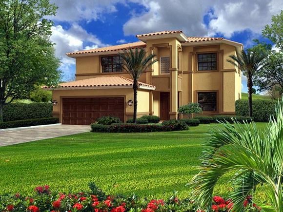 Narrow Lot House Plan 55882 with 5 Beds, 4 Baths, 2 Car Garage Elevation