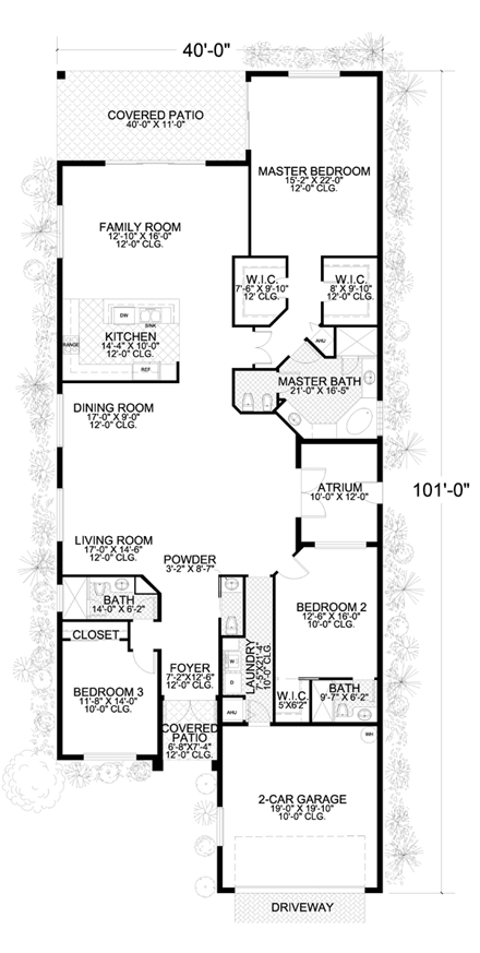 Narrow Lot, One-Story House Plan 55884 with 3 Beds, 4 Baths, 2 Car Garage First Level Plan