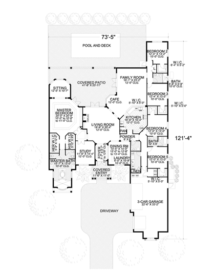 Mediterranean, One-Story House Plan 55896 with 5 Beds, 4 Baths, 3 Car Garage First Level Plan