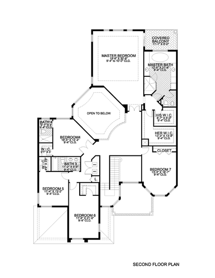 Italian, Mediterranean House Plan 55898 with 6 Beds, 5 Baths, 3 Car Garage Second Level Plan