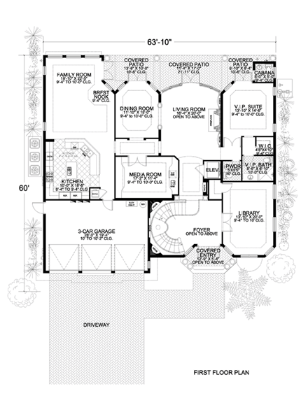 Mediterranean House Plan 55902 with 5 Beds, 7 Baths, 3 Car Garage First Level Plan