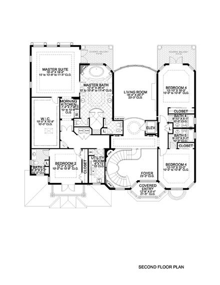 Mediterranean House Plan 55902 with 5 Beds, 7 Baths, 3 Car Garage Second Level Plan