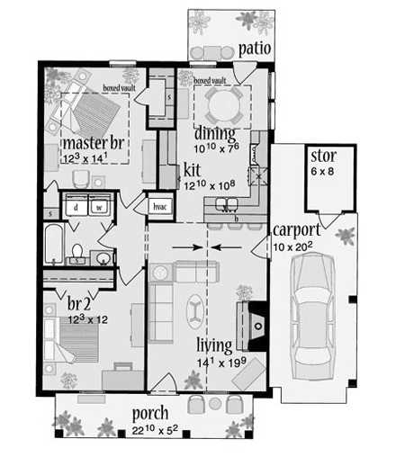 Colonial, Narrow Lot, One-Story House Plan 56007 with 2 Beds, 1 Baths, 1 Car Garage First Level Plan
