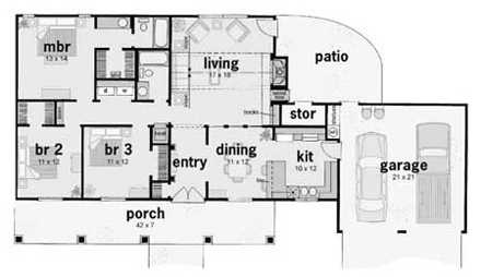 Country, One-Story House Plan 56028 with 3 Beds, 2 Baths, 2 Car Garage First Level Plan