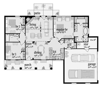 European House Plan 56036 with 3 Beds, 2 Baths, 2 Car Garage First Level Plan