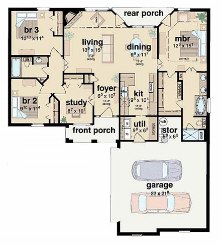 European, One-Story House Plan 56037 with 3 Beds, 2 Baths, 2 Car Garage First Level Plan