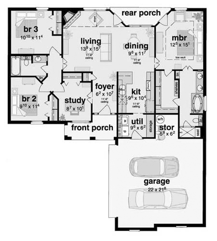 European House Plan 56038 with 3 Beds, 2 Baths, 2 Car Garage First Level Plan