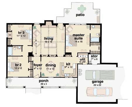 Country House Plan 56041 with 3 Beds, 2 Baths, 2 Car Garage First Level Plan