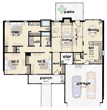 Country House Plan 56048 with 3 Beds, 2 Baths, 2 Car Garage First Level Plan