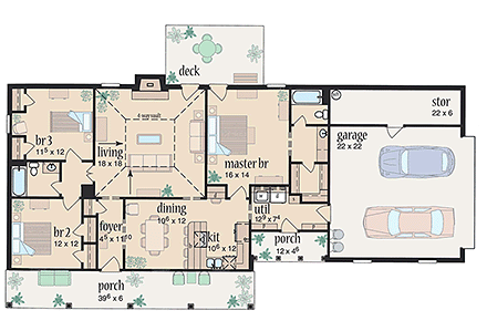 Country, One-Story House Plan 56049 with 3 Beds, 2 Baths, 2 Car Garage First Level Plan