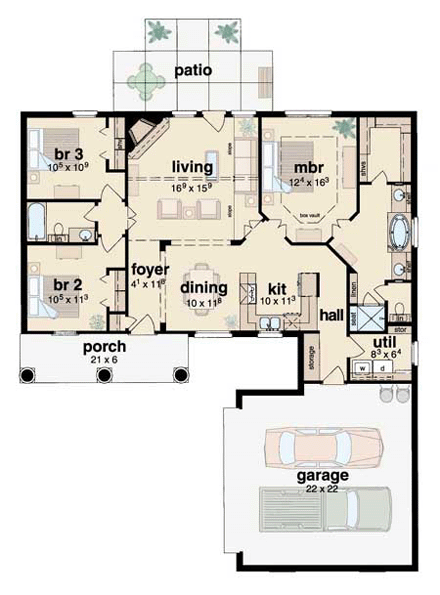 One-Story House Plan 56068 with 3 Beds, 2 Baths, 2 Car Garage First Level Plan