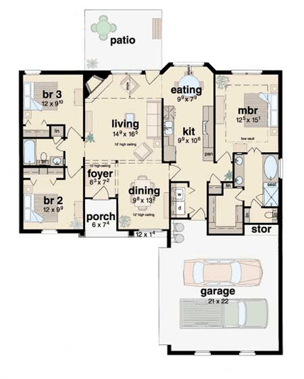Country, One-Story House Plan 56070 with 3 Beds, 2 Baths, 2 Car Garage First Level Plan