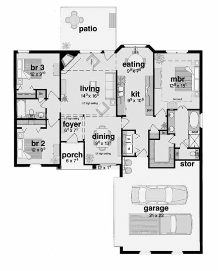 One-Story, Traditional House Plan 56071 with 3 Beds, 2 Baths, 2 Car Garage First Level Plan