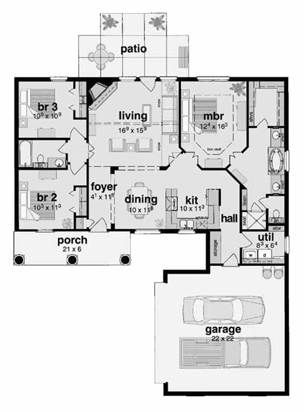 European, One-Story House Plan 56072 with 3 Beds, 2 Baths, 2 Car Garage First Level Plan