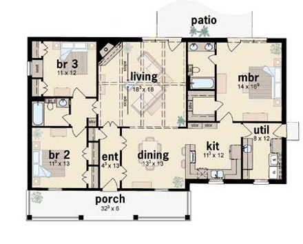 Ranch House Plan 56085 with 3 Beds, 2 Baths First Level Plan