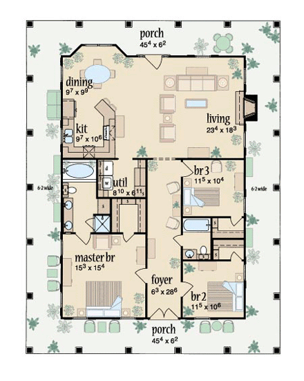 Country House Plan 56092 with 3 Beds, 2 Baths First Level Plan