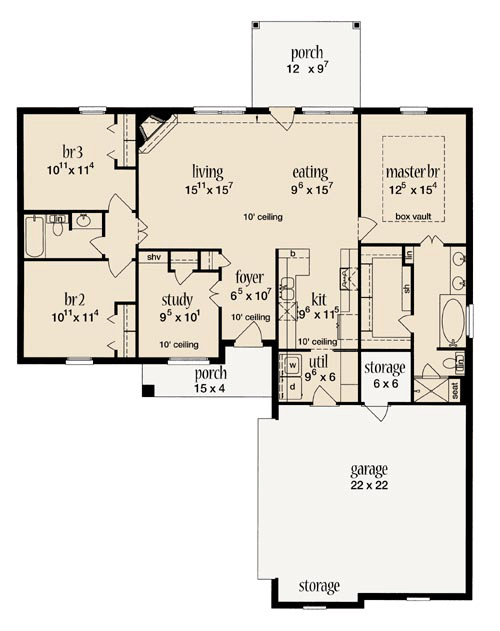 House Plan 56093 - European Style with 1505 Sq Ft, 4 Bed, 2 Bath