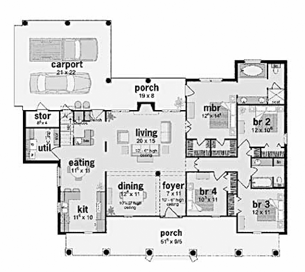Colonial, One-Story House Plan 56155 with 4 Beds, 2 Baths, 2 Car Garage First Level Plan
