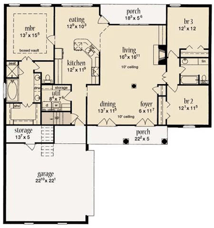European, One-Story House Plan 56159 with 3 Beds, 2 Baths, 2 Car Garage First Level Plan