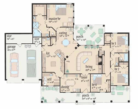 Colonial House Plan 56219 with 4 Beds, 3 Baths, 2 Car Garage First Level Plan