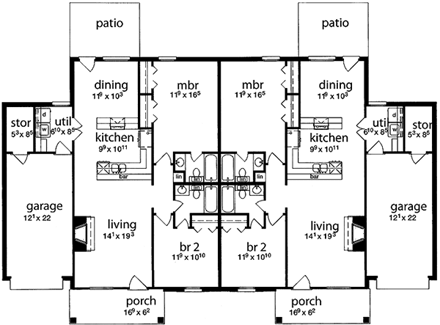 One-Story Multi-Family Plan 56238 with 4 Beds, 4 Baths, 2 Car Garage First Level Plan
