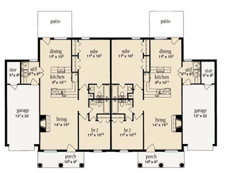 One-Story Multi-Family Plan 56239 with 4 Beds, 4 Baths, 2 Car Garage First Level Plan