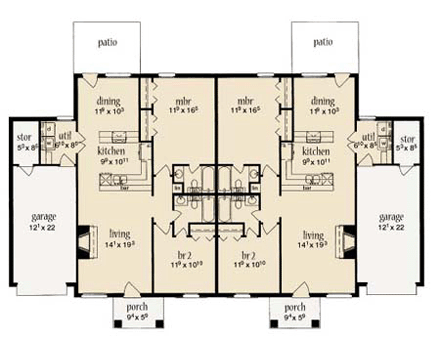 Multi-Family Plan 56240 with 2 Beds, 2 Baths, 1 Car Garage First Level Plan