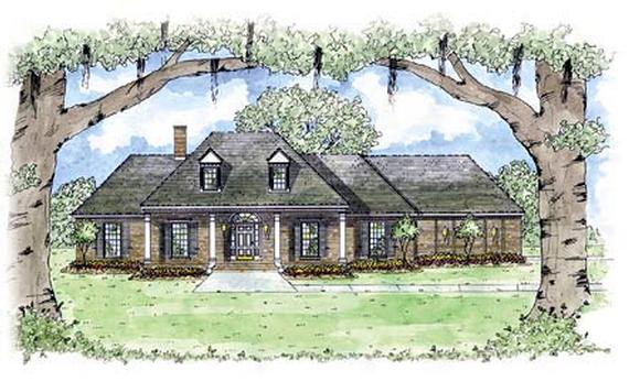 Colonial, One-Story House Plan 56251 with 3 Beds, 3 Baths, 2 Car Garage Elevation
