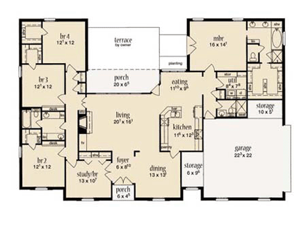 European, One-Story House Plan 56254 with 5 Beds, 3 Baths, 2 Car Garage First Level Plan