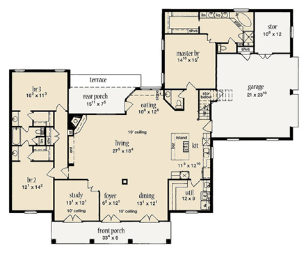 European House Plan 56266 with 3 Beds, 3 Baths, 2 Car Garage First Level Plan