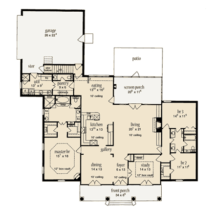European House Plan 56284 with 3 Beds, 3 Baths, 2 Car Garage First Level Plan