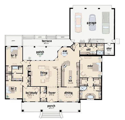 Colonial House Plan 56303 with 3 Beds, 4 Baths, 3 Car Garage First Level Plan