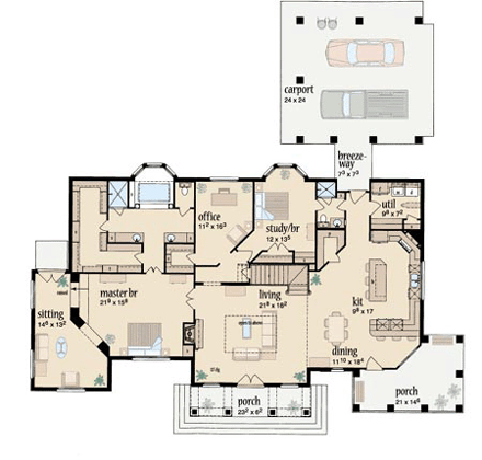 Colonial House Plan 56328 with 4 Beds, 3 Baths, 2 Car Garage First Level Plan