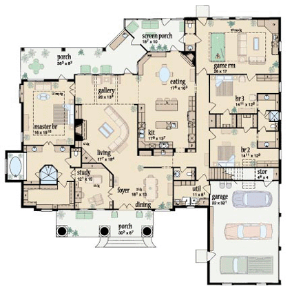 Colonial, One-Story House Plan 56329 with 3 Beds, 3 Baths, 3 Car Garage First Level Plan