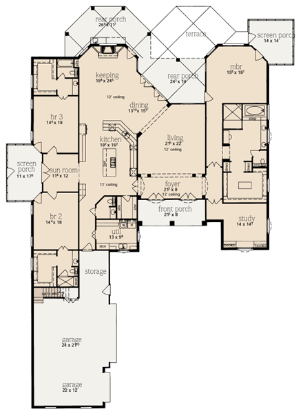 One-Story House Plan 56332 with 3 Beds, 4 Baths, 3 Car Garage First Level Plan
