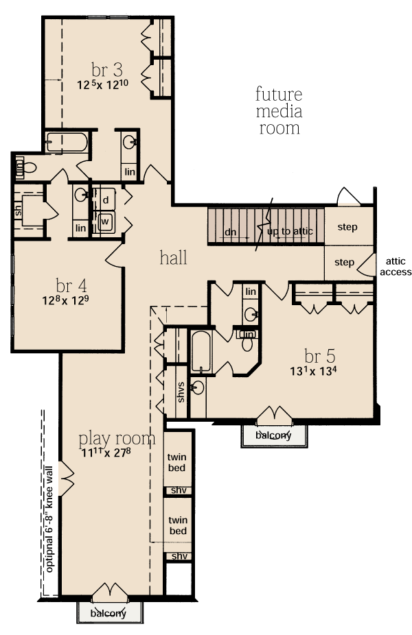 House Plan 56334 with 5 Beds, 5 Baths, 2 Car Garage Level Two
