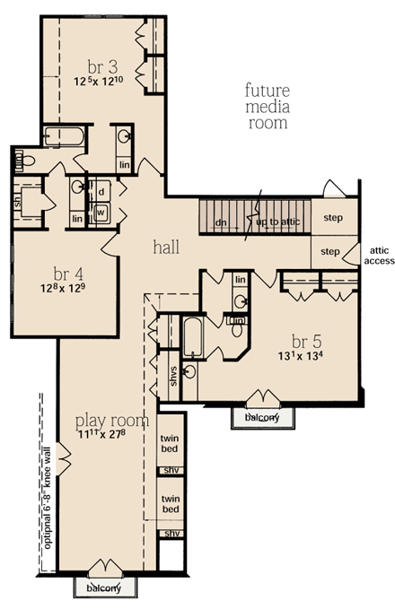 House Plan 56334 with 5 Beds, 5 Baths, 2 Car Garage Second Level Plan