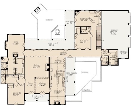 House Plan 56335 with 5 Beds, 5 Baths, 3 Car Garage First Level Plan