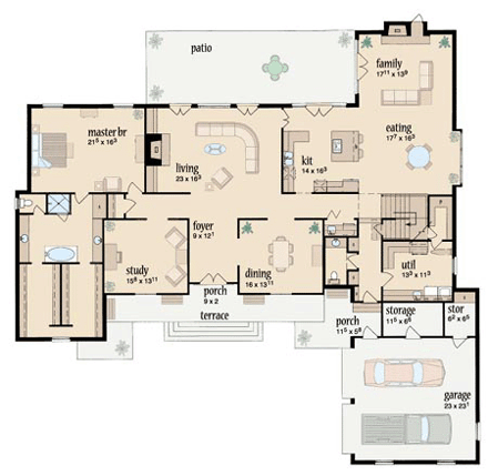 European House Plan 56336 with 4 Beds, 4 Baths, 2 Car Garage First Level Plan