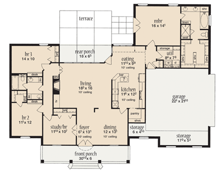 One-Story House Plan 56342 with 4 Beds, 2 Baths, 2 Car Garage First Level Plan
