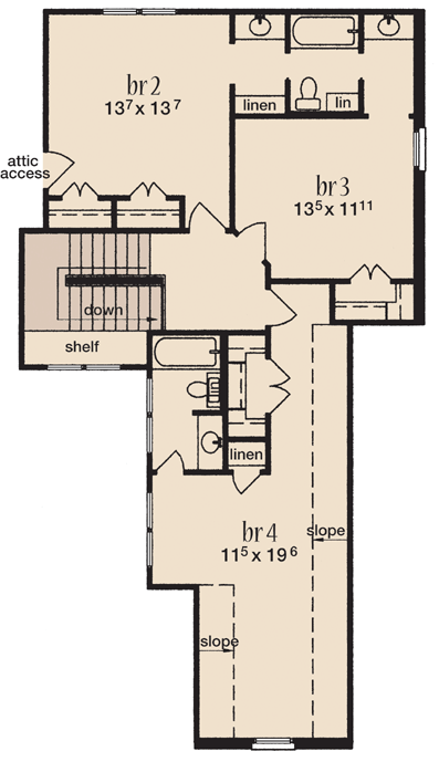 House Plan 56353 with 4 Beds, 4 Baths, 2 Car Garage Second Level Plan