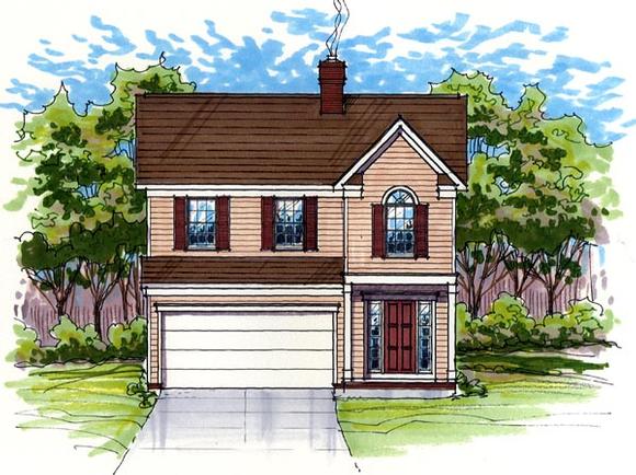 Colonial, Country, Farmhouse, Narrow Lot, Traditional House Plan 56400 with 3 Beds, 3 Baths, 2 Car Garage Elevation