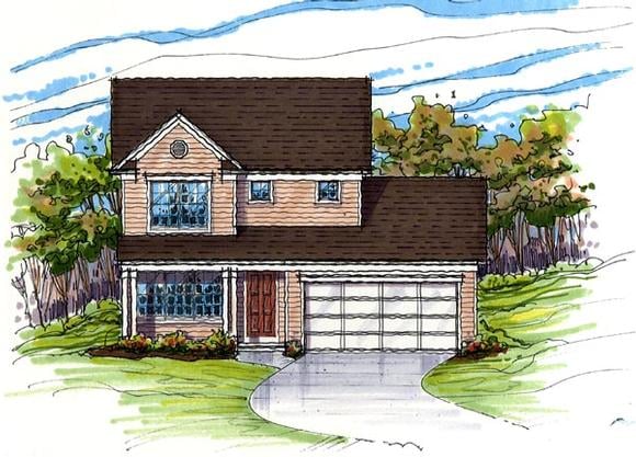 Colonial, Country, Farmhouse, Narrow Lot, Traditional House Plan 56401 with 3 Beds, 2 Baths, 2 Car Garage Elevation