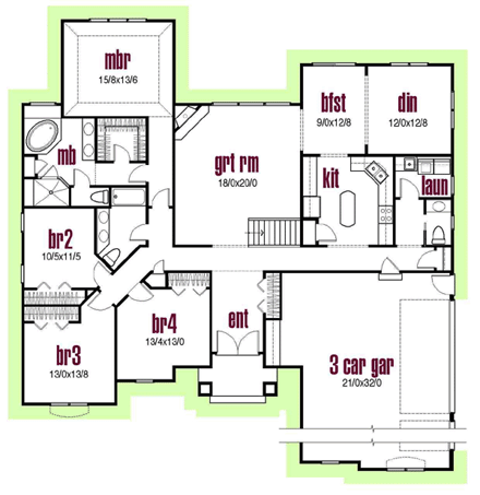 Contemporary, One-Story, Ranch, Traditional House Plan 56416 with 4 Beds, 2 Baths, 3 Car Garage First Level Plan